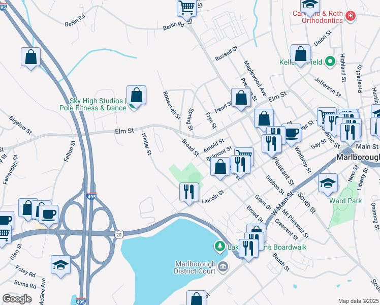 map of restaurants, bars, coffee shops, grocery stores, and more near 195 Broad Street in Marlborough