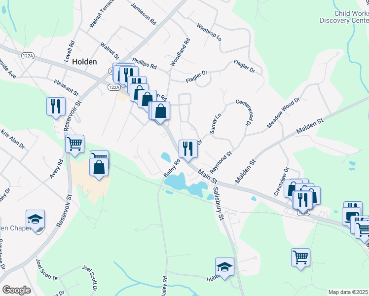 map of restaurants, bars, coffee shops, grocery stores, and more near 32 Mayo Drive in Holden