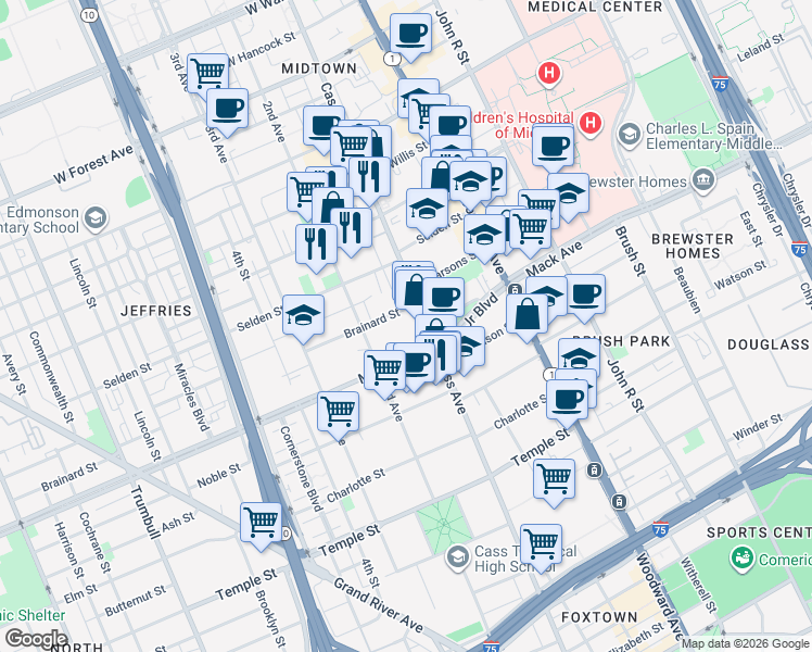 map of restaurants, bars, coffee shops, grocery stores, and more near 457 Brainard Street in Detroit