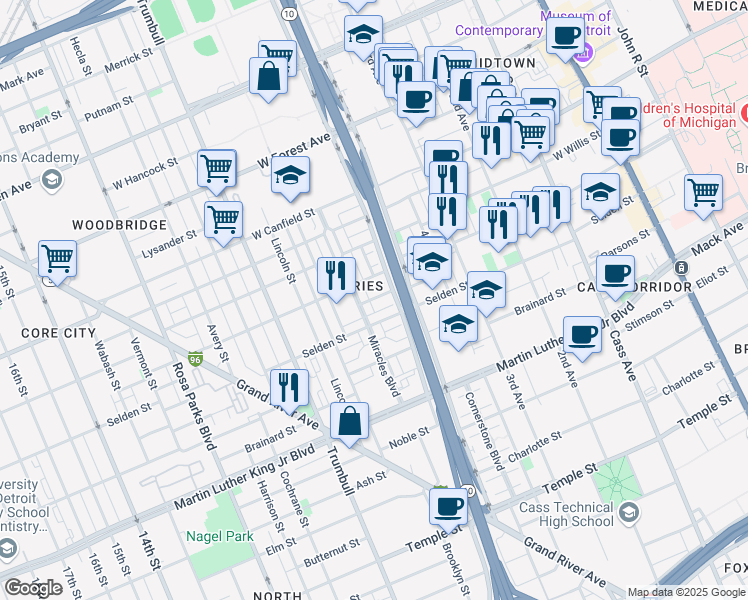 map of restaurants, bars, coffee shops, grocery stores, and more near in Detroit