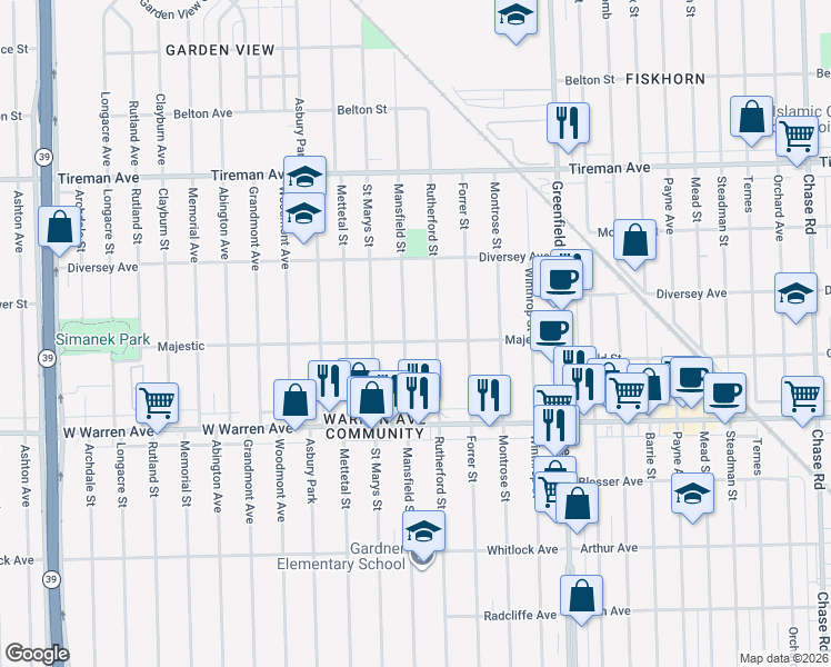 map of restaurants, bars, coffee shops, grocery stores, and more near 7430 Mansfield Street in Detroit