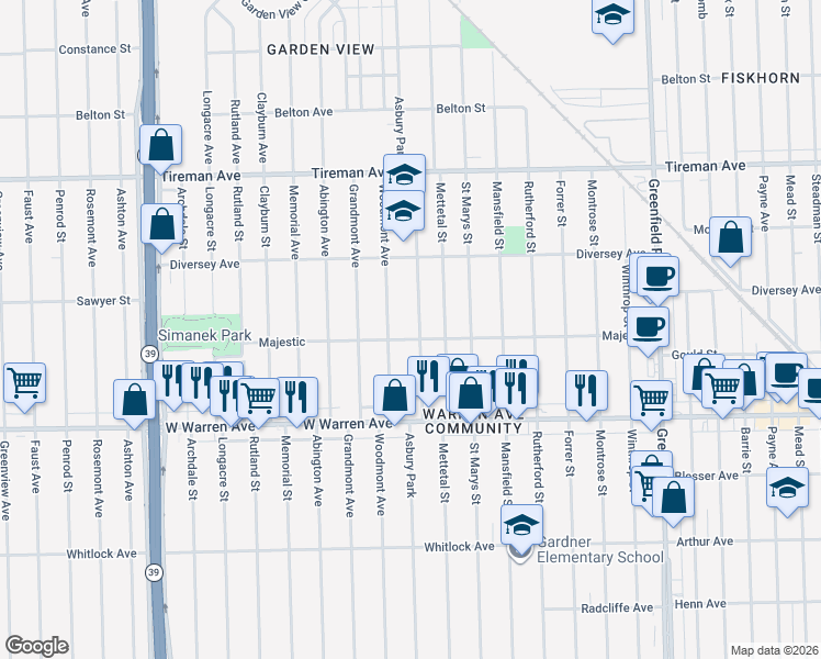 map of restaurants, bars, coffee shops, grocery stores, and more near 7434 Woodmont Avenue in Detroit