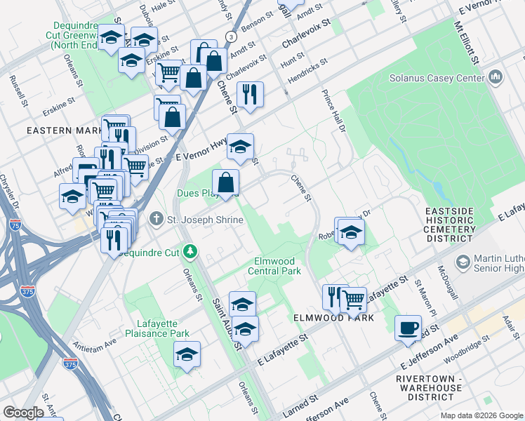 map of restaurants, bars, coffee shops, grocery stores, and more near 2125 Bryanston Crescent Street in Detroit