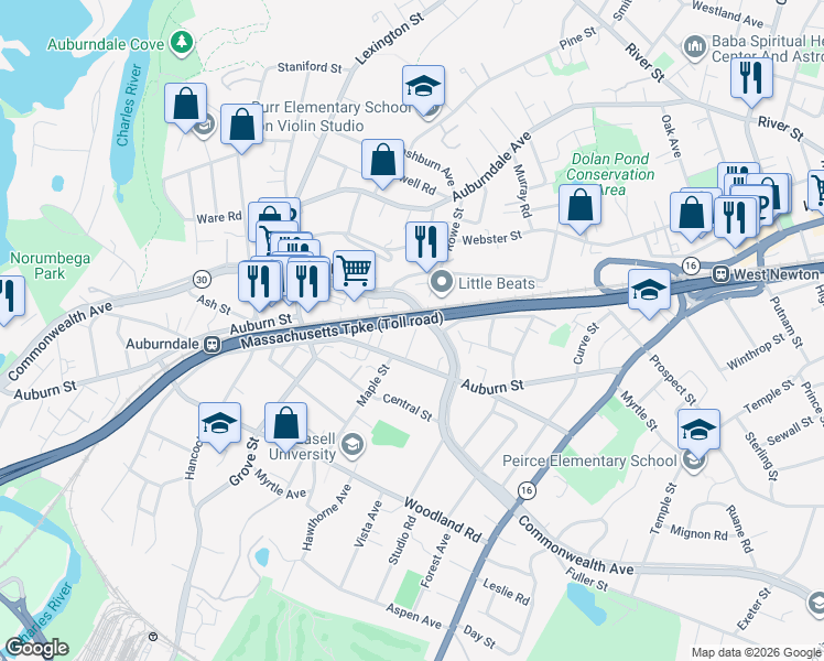 map of restaurants, bars, coffee shops, grocery stores, and more near 137 Rand Terrace in Newton