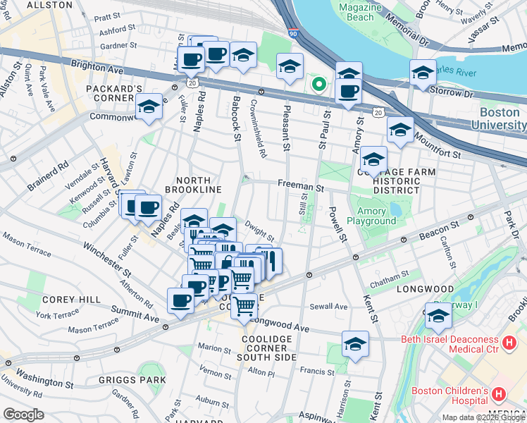 map of restaurants, bars, coffee shops, grocery stores, and more near 107 Browne Street in Brookline