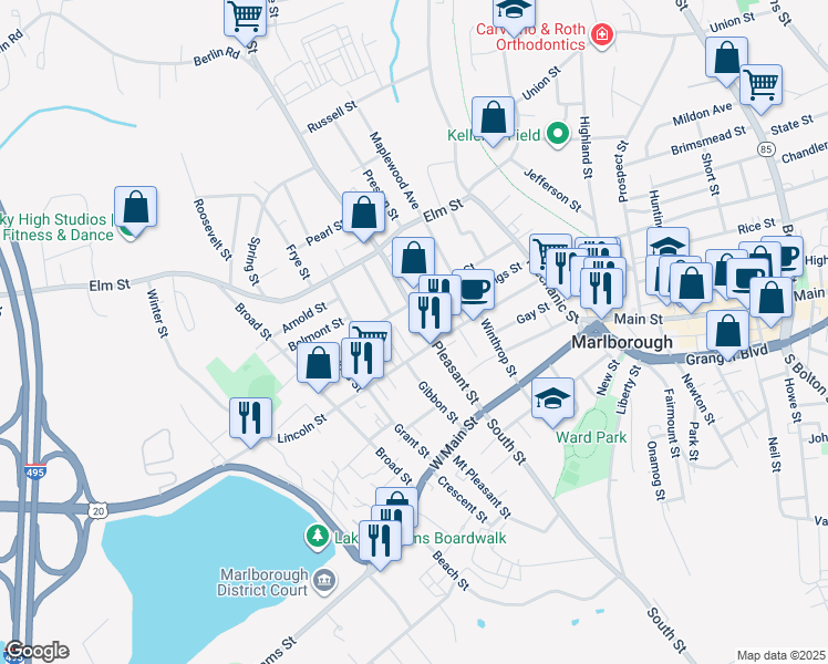 map of restaurants, bars, coffee shops, grocery stores, and more near 96 Pleasant Street in Marlborough