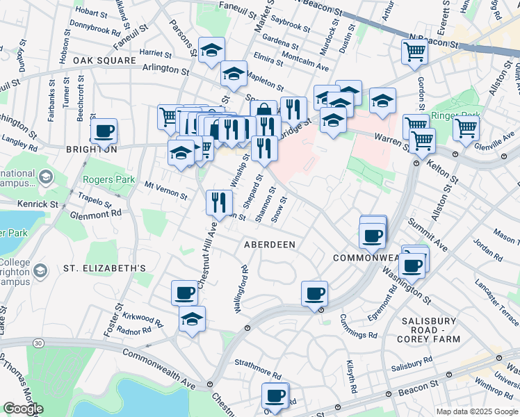 map of restaurants, bars, coffee shops, grocery stores, and more near 30 Shannon Street in Boston