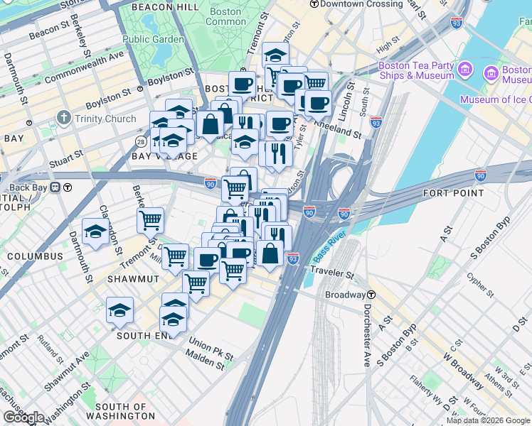 map of restaurants, bars, coffee shops, grocery stores, and more near 297 Harrison Avenue in Boston