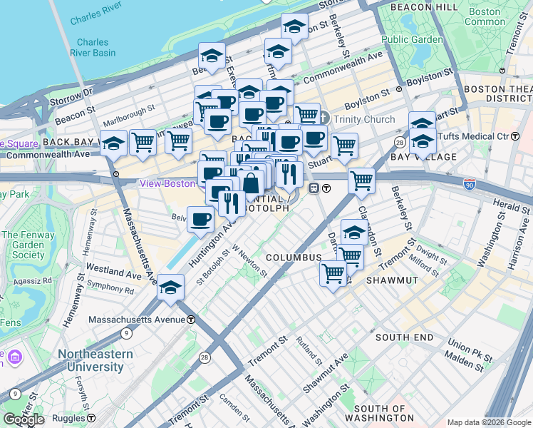 map of restaurants, bars, coffee shops, grocery stores, and more near 2 Harcourt Street in Boston
