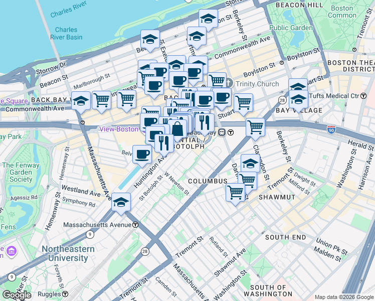 map of restaurants, bars, coffee shops, grocery stores, and more near 2 Harcourt Street in Boston