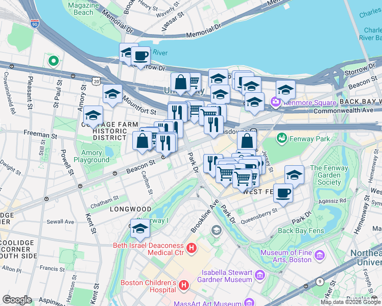 map of restaurants, bars, coffee shops, grocery stores, and more near 877 Beacon Street in Boston