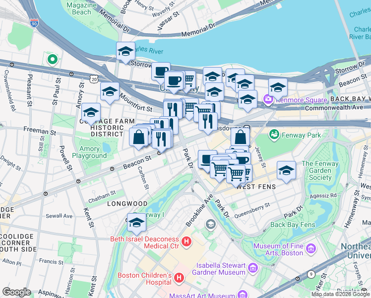 map of restaurants, bars, coffee shops, grocery stores, and more near 877 Beacon Street in Boston