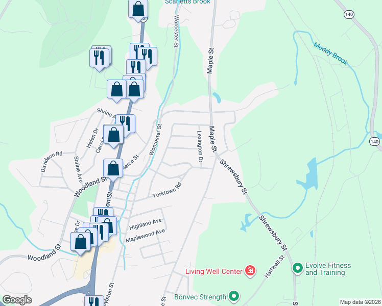 map of restaurants, bars, coffee shops, grocery stores, and more near 10 Trenton Lane in West Boylston