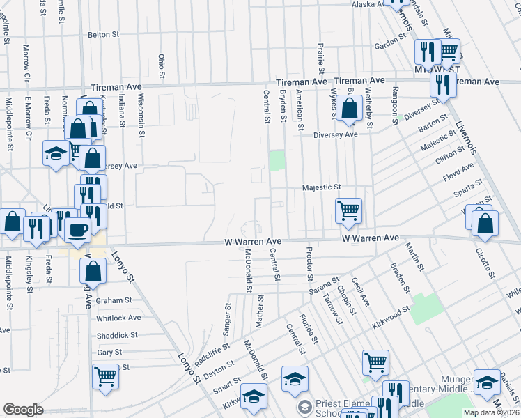 map of restaurants, bars, coffee shops, grocery stores, and more near 7326 McDonald Street in Detroit