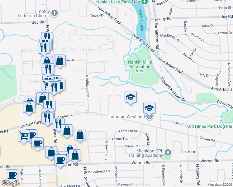 map of restaurants, bars, coffee shops, grocery stores, and more near 33798 Sandwood Drive in Westland
