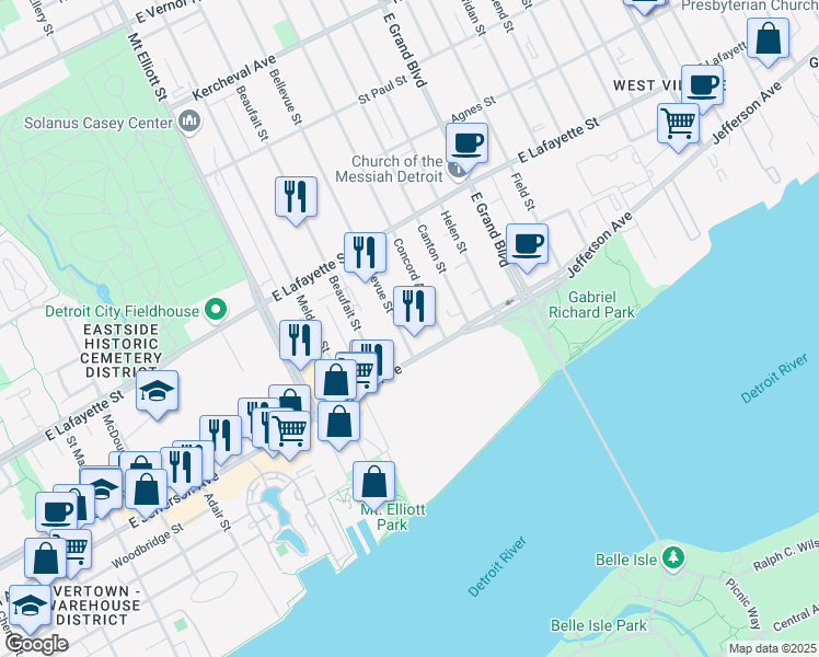 map of restaurants, bars, coffee shops, grocery stores, and more near 484 Bellevue Street in Detroit