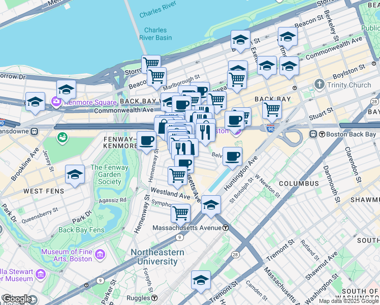 map of restaurants, bars, coffee shops, grocery stores, and more near 14 Belvidere Street in Boston