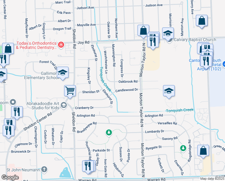map of restaurants, bars, coffee shops, grocery stores, and more near 8221 Mannington Road in Canton