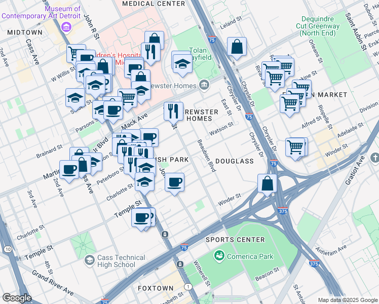 map of restaurants, bars, coffee shops, grocery stores, and more near 313 Watson Street in Detroit