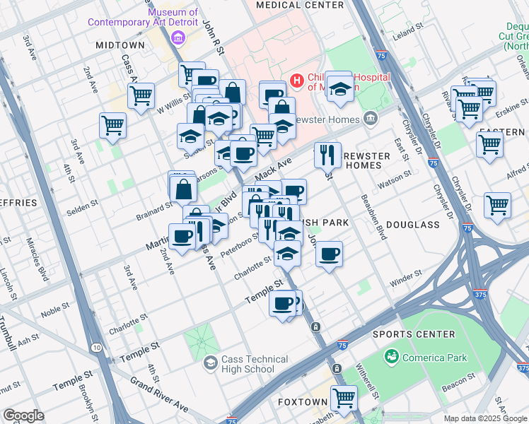 map of restaurants, bars, coffee shops, grocery stores, and more near 3424 Woodward Avenue in Detroit