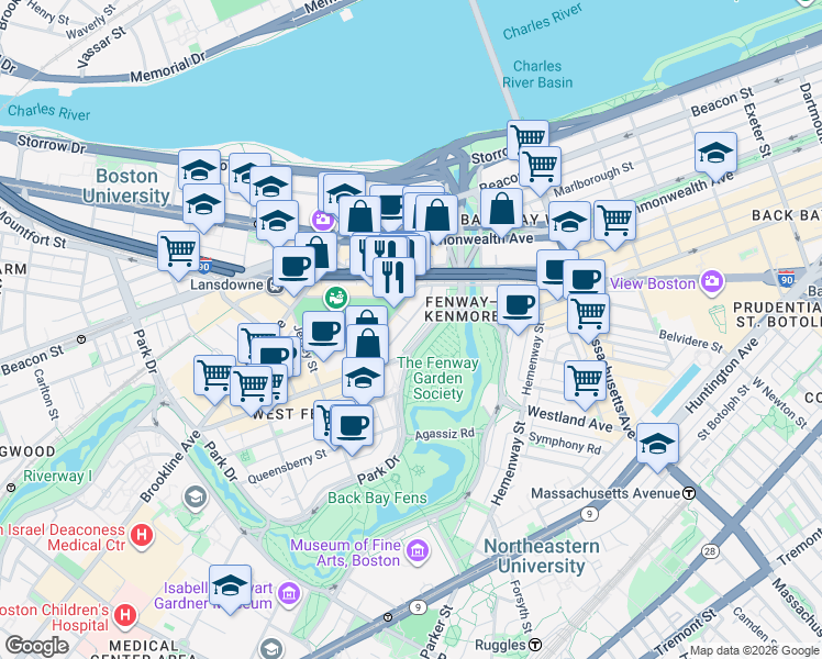 map of restaurants, bars, coffee shops, grocery stores, and more near 1179 Boylston Street in Boston