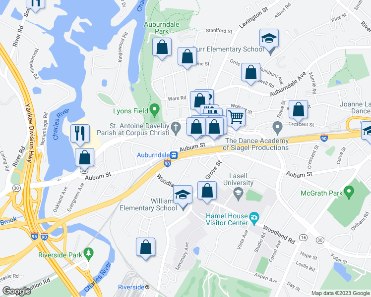 map of restaurants, bars, coffee shops, grocery stores, and more near 370 Auburn Street in Newton