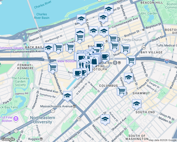 map of restaurants, bars, coffee shops, grocery stores, and more near 111 Huntington Avenue in Boston