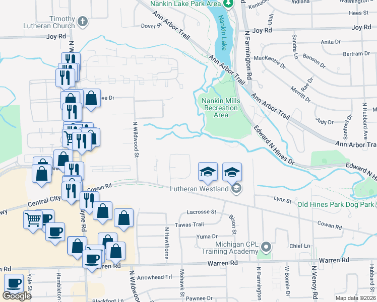 map of restaurants, bars, coffee shops, grocery stores, and more near 33798 Sandwood Drive in Westland