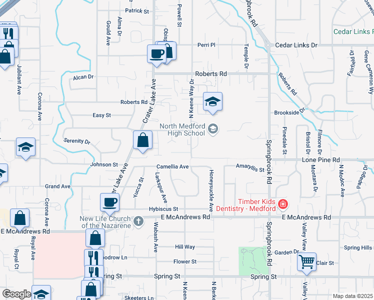 map of restaurants, bars, coffee shops, grocery stores, and more near 1863 North Keene Way Drive in Medford