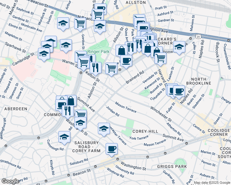 map of restaurants, bars, coffee shops, grocery stores, and more near 239 Kelton Street in Boston
