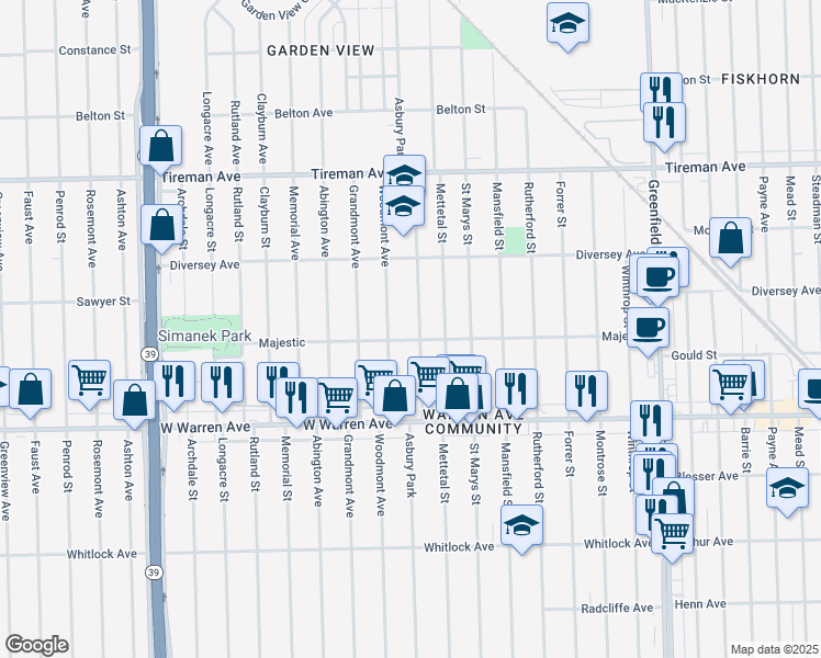 map of restaurants, bars, coffee shops, grocery stores, and more near 7434 Woodmont Avenue in Detroit
