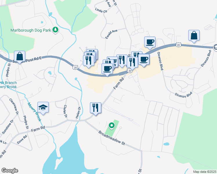 map of restaurants, bars, coffee shops, grocery stores, and more near 740 Farm Road in Marlborough