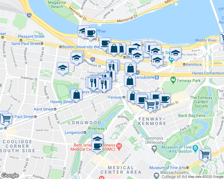 map of restaurants, bars, coffee shops, grocery stores, and more near Beacon Street & Keswick Street in Boston