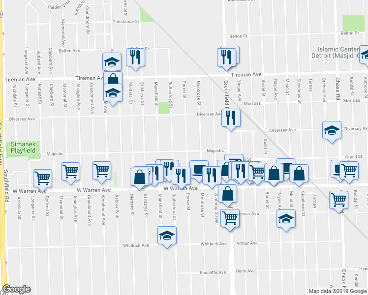 map of restaurants, bars, coffee shops, grocery stores, and more near 7411 Forrer Street in Detroit