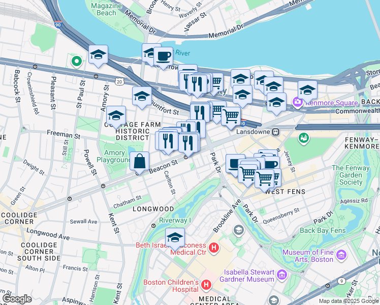 map of restaurants, bars, coffee shops, grocery stores, and more near Beacon St & St Marys St in Brookline