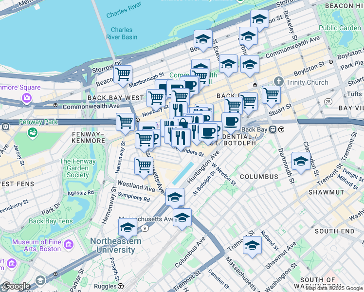 map of restaurants, bars, coffee shops, grocery stores, and more near 39 Dalton Street in Boston