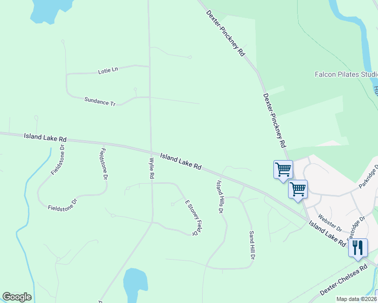 map of restaurants, bars, coffee shops, grocery stores, and more near 8830 Island Lake Road in Dexter
