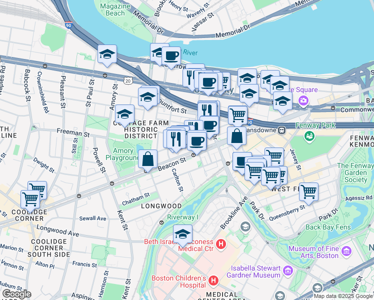 map of restaurants, bars, coffee shops, grocery stores, and more near 1009 A Beacon Street in Brookline