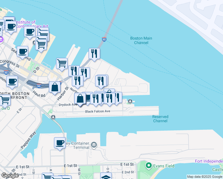 map of restaurants, bars, coffee shops, grocery stores, and more near 1 Au Bon Pain Way in Boston