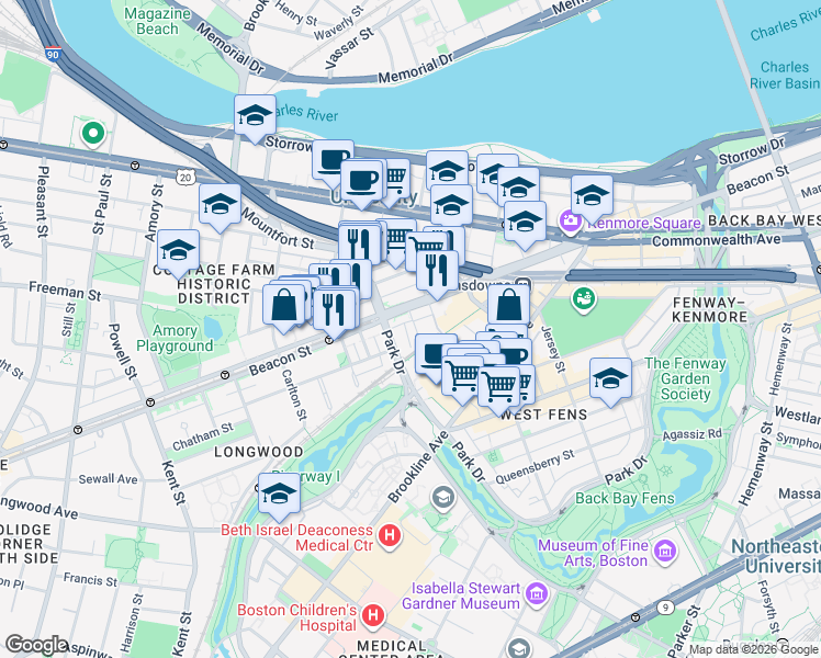 map of restaurants, bars, coffee shops, grocery stores, and more near 880 Beacon Street in Boston