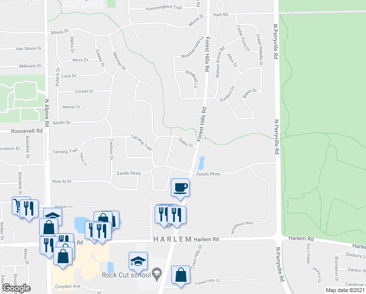map of restaurants, bars, coffee shops, grocery stores, and more near 8346 Delta Drive in Machesney Park