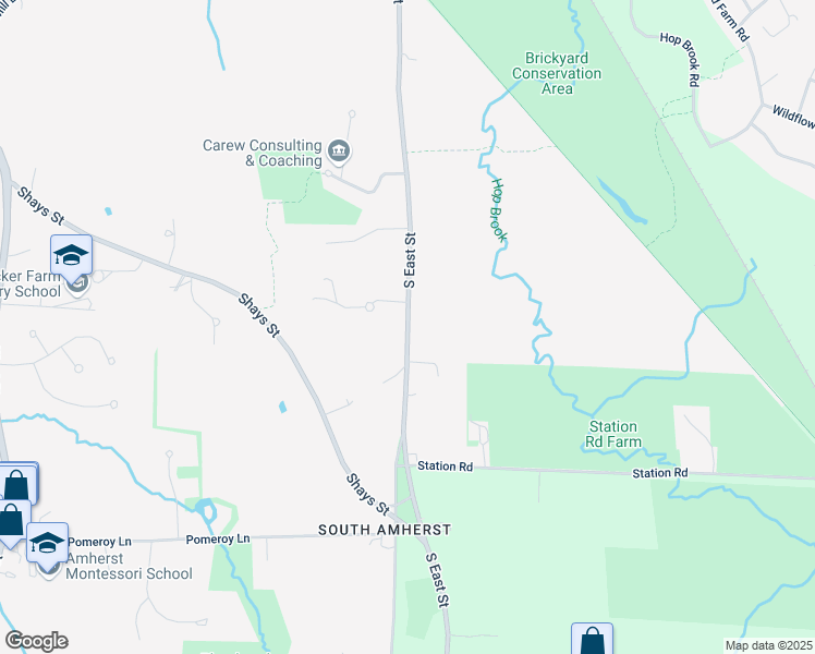 map of restaurants, bars, coffee shops, grocery stores, and more near South East Street in Amherst