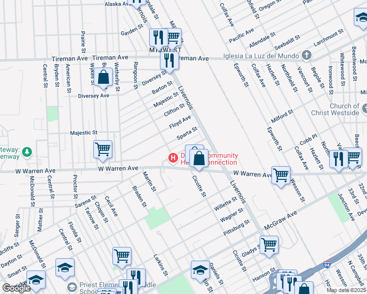 map of restaurants, bars, coffee shops, grocery stores, and more near 6437 Sparta Street in Detroit