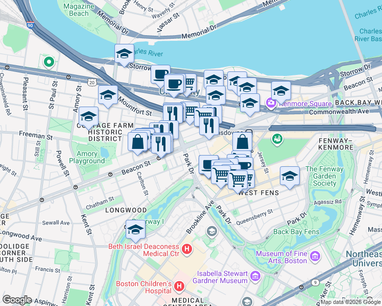 map of restaurants, bars, coffee shops, grocery stores, and more near 880 Beacon Street in Boston