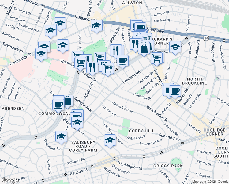 map of restaurants, bars, coffee shops, grocery stores, and more near 239 Kelton Street in Boston