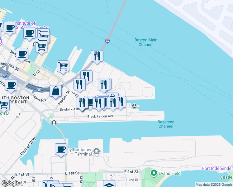 map of restaurants, bars, coffee shops, grocery stores, and more near 1 Au Bon Pain Way in Boston