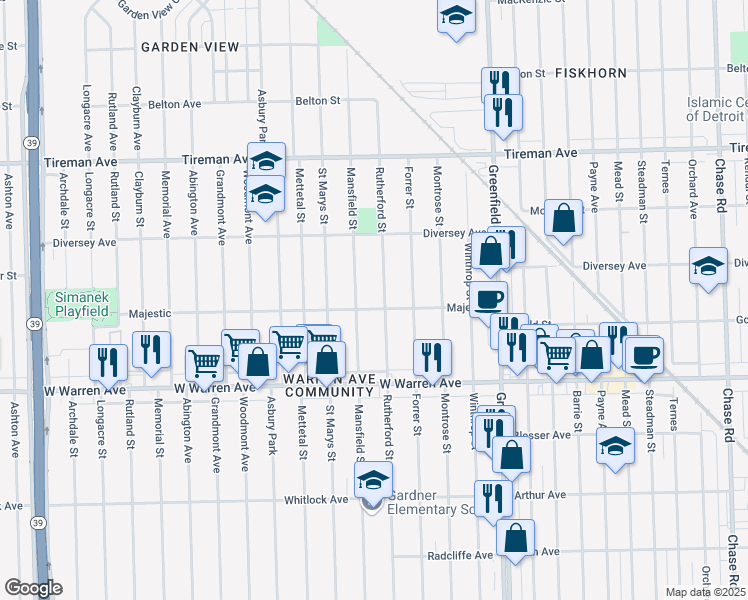map of restaurants, bars, coffee shops, grocery stores, and more near 7419 Rutherford Street in Detroit