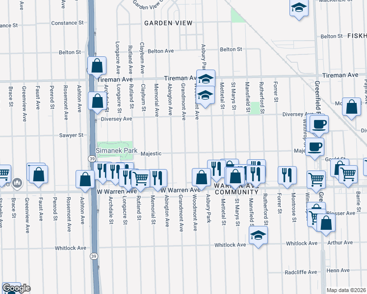 map of restaurants, bars, coffee shops, grocery stores, and more near 7434 Grandmont Avenue in Detroit