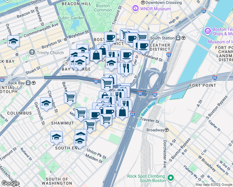 map of restaurants, bars, coffee shops, grocery stores, and more near 297 Harrison Avenue in Boston