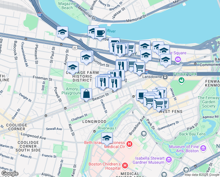map of restaurants, bars, coffee shops, grocery stores, and more near in Brookline